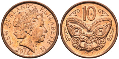 Новая Зеландия 10 центов 2013 маска Маори, Елизавета II (1952-) KM 117а сталь плакированная медью 106-252