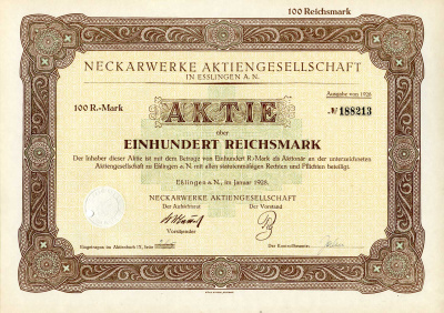 Германия 100 рейхсмарок 1928 АО Неккарверке в Эсслингене, акция   бумага   8801-67-1