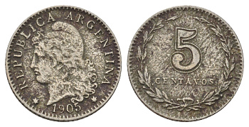Аргентина 5 сентаво 1905 KM 34 медно-никель 44-1057