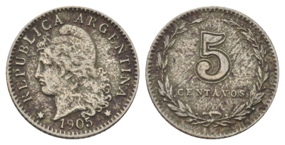 Аргентина 5 сентаво 1905 KM 34 медно-никель 44-1057