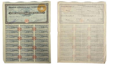 Венгрия купонный лист от облигации в 100 франков 1927 24 купона, Societe d'etudes des combustibles (общество изучения топлива) бумага 48-31-1-1