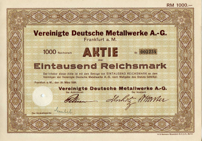 Германия 1000 рейхсмарок 1934 АО Объединенные немецкие металлургические заводы, акция   бумага   8803-32-1