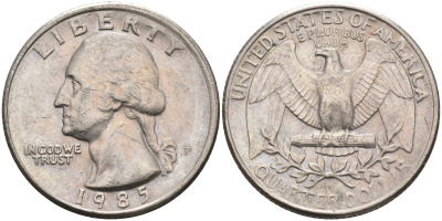 США 25 центов = квотер 1985 P, Вашингтон KM A164a медь плакированная медно-никелем 4584-1224