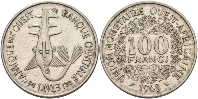 Валютный Союз стран Западной Африки 100 франков 1968 KM 4 никель 4575-1141