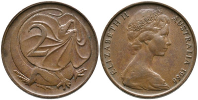 Австралия 2 цента 1966 Елизавета II (1952-), плащеносная ящерица KM 63 бронза 3336-742