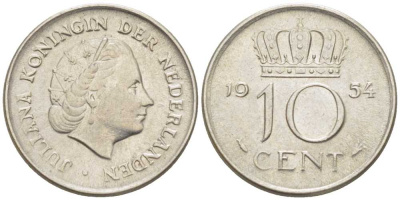 НИДЕРЛАНДЫ 10 ЦЕНТОВ 1954 ЮЛИАНА (1948-1980) KM 182 никель 214-1143