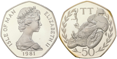 Остров Мэн 50 пенсов 1981 Елизавета II (1952-2022), мотогонки TT, тираж 5000 экземпляров КМ 83a серебро  PROOF  1091-7-61