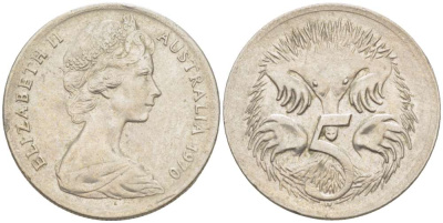 АВСТРАЛИЯ 5 ЦЕНТОВ 1970 ЕЛИЗАВЕТА II (1952-) МОЛОДОЙ ПОРТРЕТ, ЕХИДНА KM 64 медно-никель 4516-652