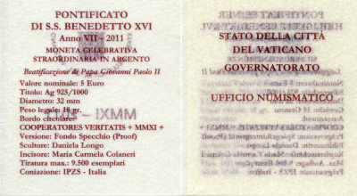 Ватикан 5 евро 2011 Бенедикт XVI, беатификация Папы Римского Иоанна Павла II, в оригинальной коробке, с сертификатом KM 429 серебро  PROOF  7-1-1-25