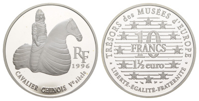 Франция 10 франков = 1 1/2 евро 1996 серия сокровища музеев Европы, китайский всадник, в оригинальной коробке KM 1158 серебро  PROOF  1-6-4-48
