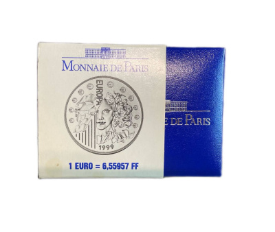 Франция 1 евро = 6,55957 франков 1999 страны Евросоюза, введение евро, курс франка к евро, в оригинальной коробке KM 1255 серебро  PROOF  3-4-11-17