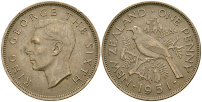 Новая Зеландия 1 пенни 1951 Георг VI (1936-1952), новозеландский туи KM 21 бронза 4536-841