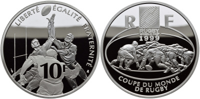 Франция 10 франков 1999 Чемпионат мира по регби KM 1294 серебро PROOF 1068-10-51