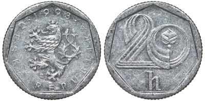 Чехия 20 геллеров 1993 KM 2.1 алюминий 4124-613