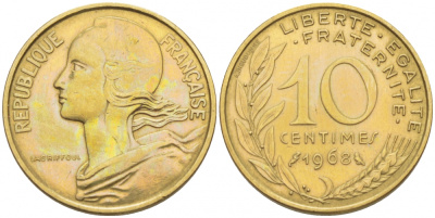 ФРАНЦИЯ 10 САНТИМОВ 1968 ТИП MARIANNE KM 929, LE FRANC 144.8 алюминиевая бронза 112-558