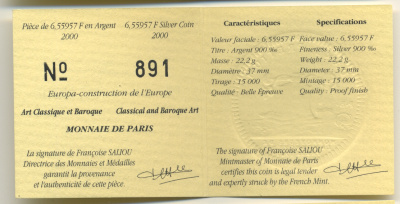 Франция 1 евро = 6,55957 франков 2000 классицизм и барокко в архитектуре (XVII- XVIII веков) в оригинальной коробке, с сертификатом KM 1226 серебро PROOF 4-3-3-17