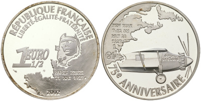 Франция 1 1/2 евро 2002 75 лет перелету Линдберга, Париж - Нью-Йорк, 20 мая 1927 года, самолет KM 1310 серебро PROOF 1091-3-52