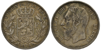 Бельгия 5 франков 1873 Леопольд II (1865-1909), позиция А KM 24 серебро 443-932