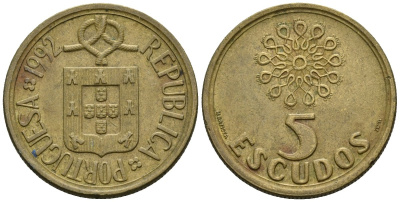 Португалия 5 эскудо 1992 KM 632 никель латунь 4148-511