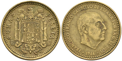 Испания 1 песета 1966 (68) Франсиско Франко (1939-1975) KM 796 алюминиевая бронза 4571-1134