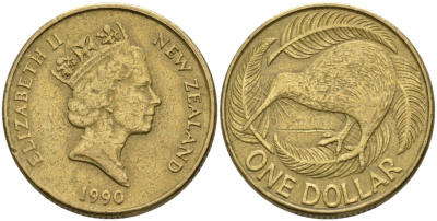 Новая Зеландия 1 доллар 1990 Елизавета II (1952-2022), птица киви KM 78 алюминиевая бронза 29-315
