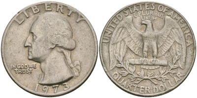 США 25 центов (квотер) 1973 Вашингтон KM 164a медь плакированная медно-никелем 183-242