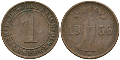 Германия 1 рейхспфенниг 1936 A KM 37, J. 313 бронза 4528-1251