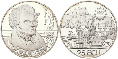 Австрия 25 экю 1997 200 лет со дня рождения Франца Шуберта KM X30 серебро  PROOF  11-271-43