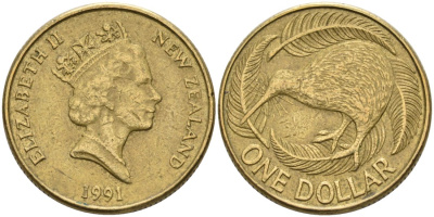 Новая Зеландия 1 доллар 1991 Елизавета II (1952-2022), птица киви KM 78 алюминиевая бронза 29-525