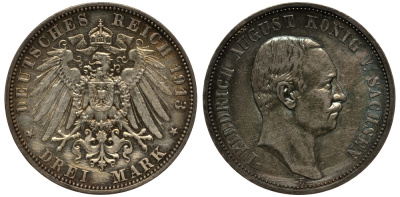 Саксония 3 марки 1913 E, Фридрих Август III (1904-1918) Weege 132, J. 135, KM 1267 серебро 3711-1413