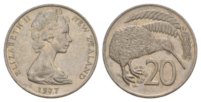 Новая Зеландия 20 центов 1977 Елизавета II (1952-2022), птичка киви KM 36.1 медно-никель 4182-1122