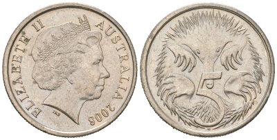 Австралия 5 центов 2008 ехидна, Елизавета II (1952-2022) KM 401 медно-никель aUNC 4618-715