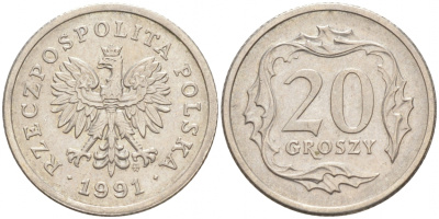Польша 20 грошей 1991 MW KM 280 медно-никель 4516-555