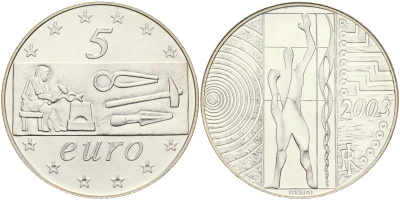 Италия 5 евро 2003 Труд в Европе KM 253 серебро UNC 06-245-41