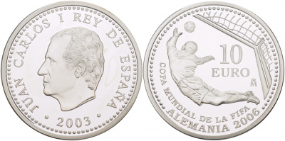 Испания 10 евро 2003 чемпионат мира по футболу в Германии 2006, вратарь, гол KM 1076 серебро PROOF 11-163-15