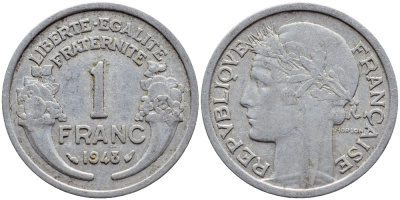ФРАНЦИЯ 1 ФРАНК 1948 ТИП MORLON, LEGERE KM 885a.1, LE FRANC 221.13 алюминий 4397-655
