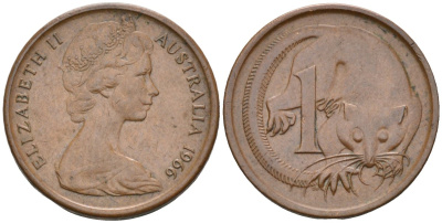 Австралия 1 цент 1966 опоссум, Елизавета II (1952-) KM 62 бронза 4580-325