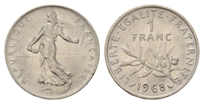 Франция 1 франк 1968 сеятель, тип Semeuse KM 925, Le Franc 226.13 никель 3459-823