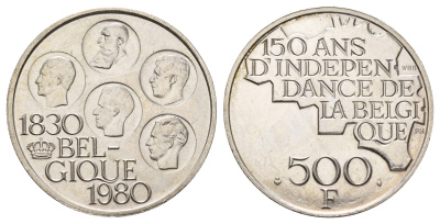 Бельгия 500 франков 1980 150 лет независимости, Belgique KM 161a серебро UNC 1519-1431