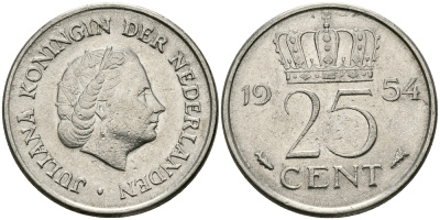 НИДЕРЛАНДЫ 25 ЦЕНТОВ 1954 ЮЛИАНА KM 183 никель 96-127