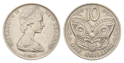 Новая Зеландия 10 центов 1967 Елизавета II (1952-2022), маска маори, 1 шиллинг KM 35 медно-никель 4671-531
