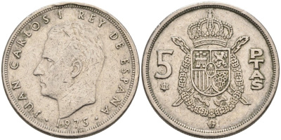 Испания 5 песет 1975 (78) Хуан Карлос I KM 809 медно-никель 4573-945