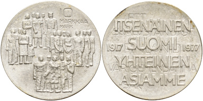 Финляндия 10 марок 1977 K-H, 60 лет независимости (1917-1977) KM 55 серебро 4558-425