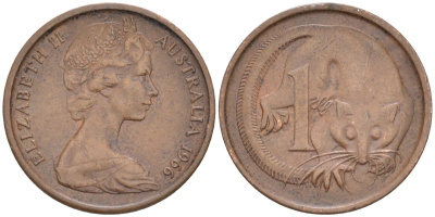 Австралия 1 цент 1966 ОПОССУМ, Елизавета II KM 62 бронза 187-411