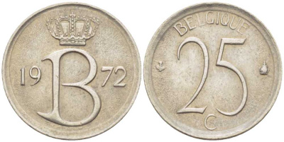 БЕЛЬГИЯ 25 САНТИМОВ 1972 BELGIQUE, БОДУЭН I (1951-1993) KM 153.1 медно-никель 214-437