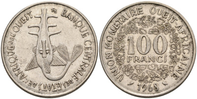 Валютный Союз стран Западной Африки 100 франков 1968 KM 4 никель 4575-1137