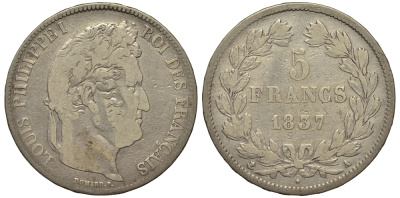 Франция 5 франков 1837 A, Луи Филипп I (1830-1848) KM 749.1 серебро 1516-1625