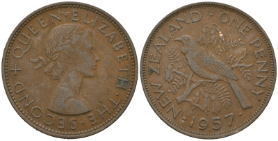 Новая Зеландия 1 пенни 1957 птица туи, Елизавета II (1952-2022) KM 24.2 бронза 4149-225
