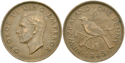 Новая Зеландия 1 пенни 1945 Георг VI (1936-1952), новозеландский туи KM 13 бронза 4165-1243