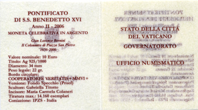 Ватикан 10 евро 2006 Бенедикт XVI, Джованни Лоренцо Бернини, колоннада собора Святого Петра, в оригинальной коробке, с сертификатом KM 384 серебро PROOF 7-1-44